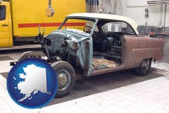 alaska a vintage automobile in an auto body shop