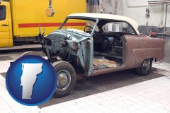 vermont a vintage automobile in an auto body shop