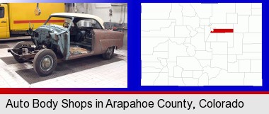a vintage automobile in an auto body shop; Arapahoe County highlighted in red on a map