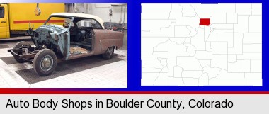 a vintage automobile in an auto body shop; Boulder County highlighted in red on a map