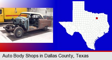 a vintage automobile in an auto body shop; Dallas County highlighted in red on a map
