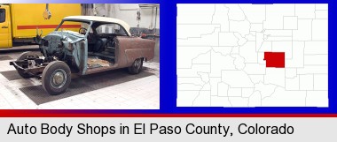 a vintage automobile in an auto body shop; Elbert County highlighted in red on a map