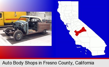 a vintage automobile in an auto body shop; Fresno County highlighted in red on a map