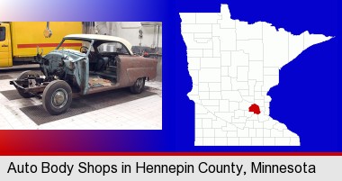 a vintage automobile in an auto body shop; Hennepin County highlighted in red on a map