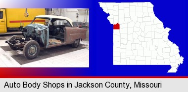 a vintage automobile in an auto body shop; Jackson County highlighted in red on a map