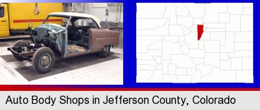 a vintage automobile in an auto body shop; Jefferson County highlighted in red on a map