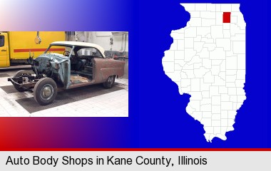 a vintage automobile in an auto body shop; Kane County highlighted in red on a map