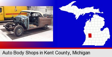 a vintage automobile in an auto body shop; Kent County highlighted in red on a map