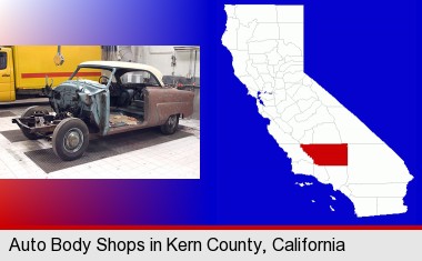 a vintage automobile in an auto body shop; Kern County highlighted in red on a map