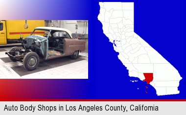 a vintage automobile in an auto body shop; Los Angeles County highlighted in red on a map