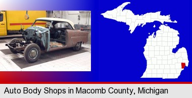 a vintage automobile in an auto body shop; Macomb County highlighted in red on a map