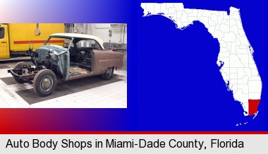 a vintage automobile in an auto body shop; Miami-Dade County highlighted in red on a map