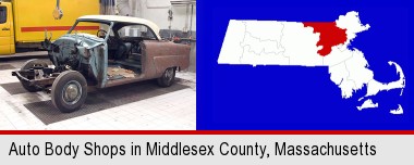 a vintage automobile in an auto body shop; Middlesex County highlighted in red on a map