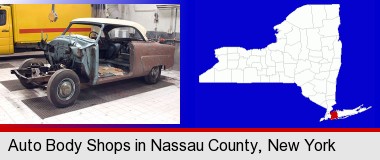 a vintage automobile in an auto body shop; Nassau County highlighted in red on a map