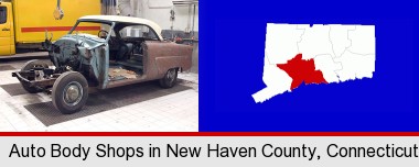 a vintage automobile in an auto body shop; New Haven County highlighted in red on a map