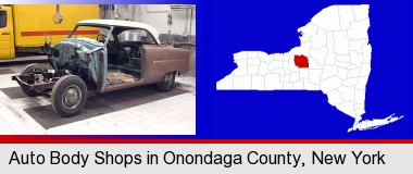 a vintage automobile in an auto body shop; Onondaga County highlighted in red on a map