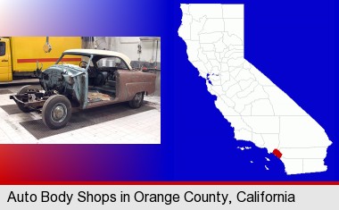a vintage automobile in an auto body shop; Orange County highlighted in red on a map