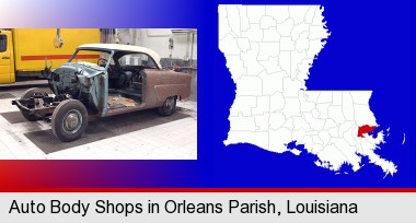 a vintage automobile in an auto body shop; Orleans Parish highlighted in red on a map