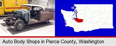 a vintage automobile in an auto body shop; Pierce County highlighted in red on a map