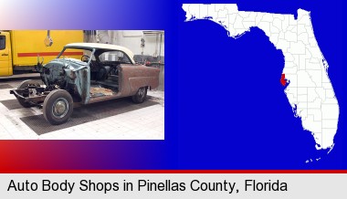 a vintage automobile in an auto body shop; Pinellas County highlighted in red on a map