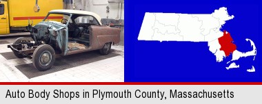a vintage automobile in an auto body shop; Plymouth County highlighted in red on a map