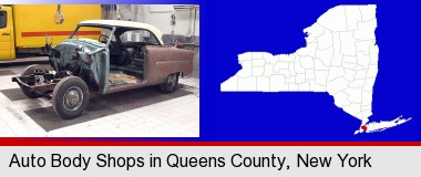 a vintage automobile in an auto body shop; Queens County highlighted in red on a map