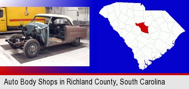 a vintage automobile in an auto body shop; Richland County highlighted in red on a map