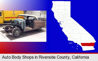 a vintage automobile in an auto body shop; Riverside County highlighted in red on a map