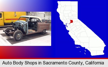 a vintage automobile in an auto body shop; Sacramento County highlighted in red on a map
