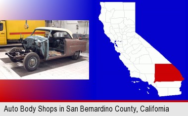 a vintage automobile in an auto body shop; San Bernardino County highlighted in red on a map