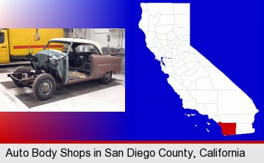 a vintage automobile in an auto body shop; San Diego County highlighted in red on a map