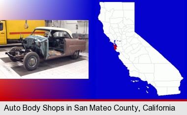 a vintage automobile in an auto body shop; San Mateo County highlighted in red on a map