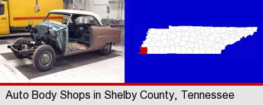 a vintage automobile in an auto body shop; Shelby County highlighted in red on a map