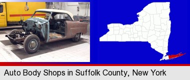 a vintage automobile in an auto body shop; Suffolk County highlighted in red on a map