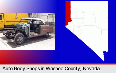 a vintage automobile in an auto body shop; Washoe County highlighted in red on a map