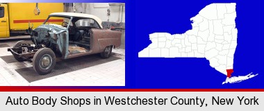 a vintage automobile in an auto body shop; Westchester County highlighted in red on a map