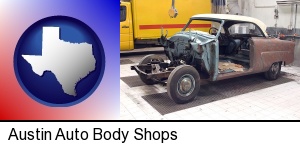 Austin, Texas - a vintage automobile in an auto body shop