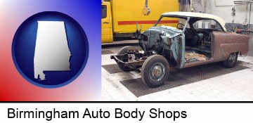 a vintage automobile in an auto body shop in Birmingham, AL
