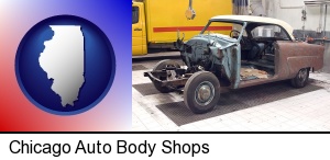 Chicago, Illinois - a vintage automobile in an auto body shop