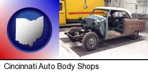 Cincinnati, Ohio - a vintage automobile in an auto body shop