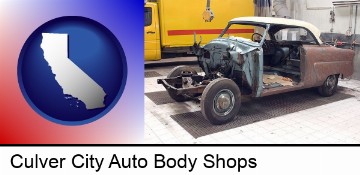 a vintage automobile in an auto body shop in Culver City, CA