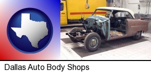 Dallas, Texas - a vintage automobile in an auto body shop