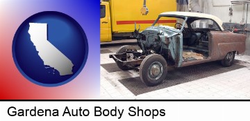a vintage automobile in an auto body shop in Gardena, CA