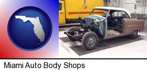 Miami, Florida - a vintage automobile in an auto body shop
