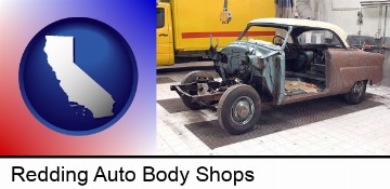 a vintage automobile in an auto body shop in Redding, CA