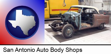 a vintage automobile in an auto body shop in San Antonio, TX