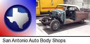 San Antonio, Texas - a vintage automobile in an auto body shop