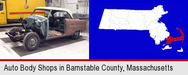 a vintage automobile in an auto body shop; Barnstable County highlighted in red on a map