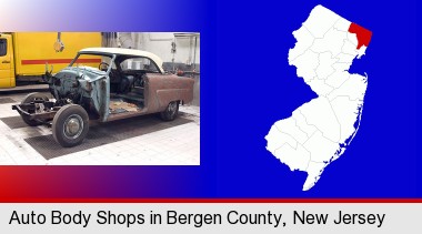 a vintage automobile in an auto body shop; Bergen County highlighted in red on a map