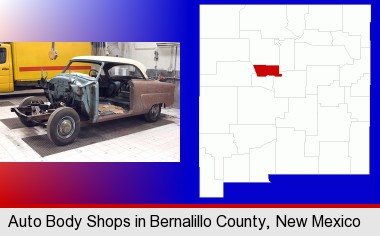 a vintage automobile in an auto body shop; Bernalillo County highlighted in red on a map